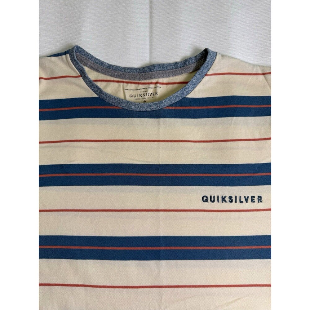 Quiksilver Men's M Regular Crew Neck Short Sleeve Cream Stripe Cotton Logo Tee
